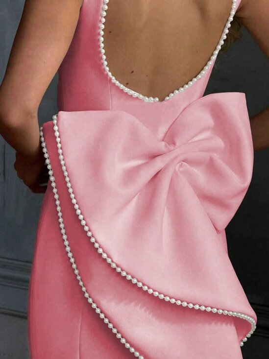 Pink Elegant Women's Romantic Backless Pearl Bow Prom Dress - Picture 3 of 7
